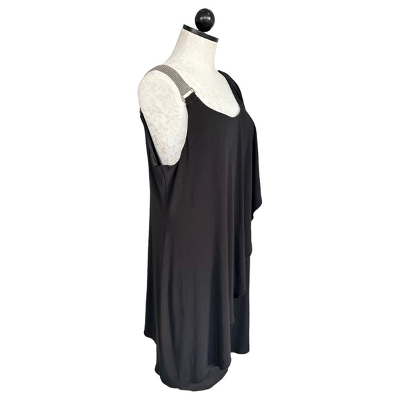 Black Cocktail Dress One Shoulder Silver Chain Strap One Flutter Fits Large - Picture 3 of 12